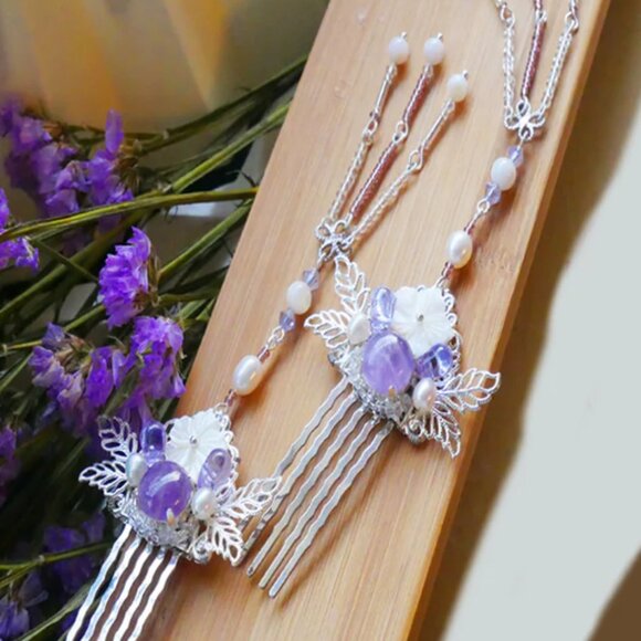 Amethyst Hair Comb | Handcrafted Traditional Hair Clip Comb Retro Style - Picture 3 of 4